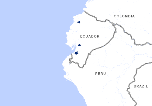 GDACS overview map of Ecuador with several flood-event areas outlined in blue