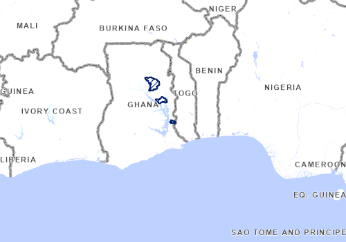 GDACS overview map of Ghana with flood-event areas outlined in blue