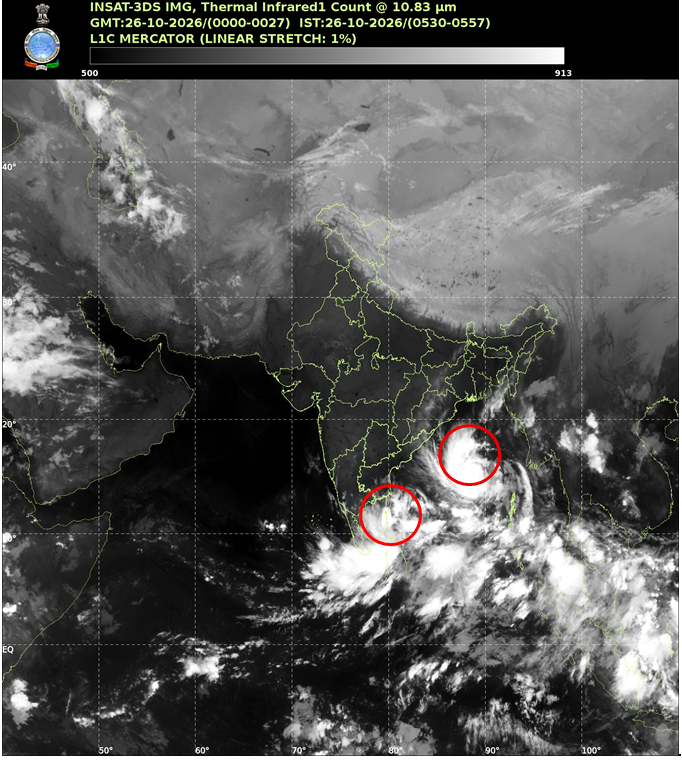 IMD INSAT-3DS infrared satellite image of Cyclonic Storm Arnab over the Bay of Bengal at 00:00 UTC on 26 October 2026