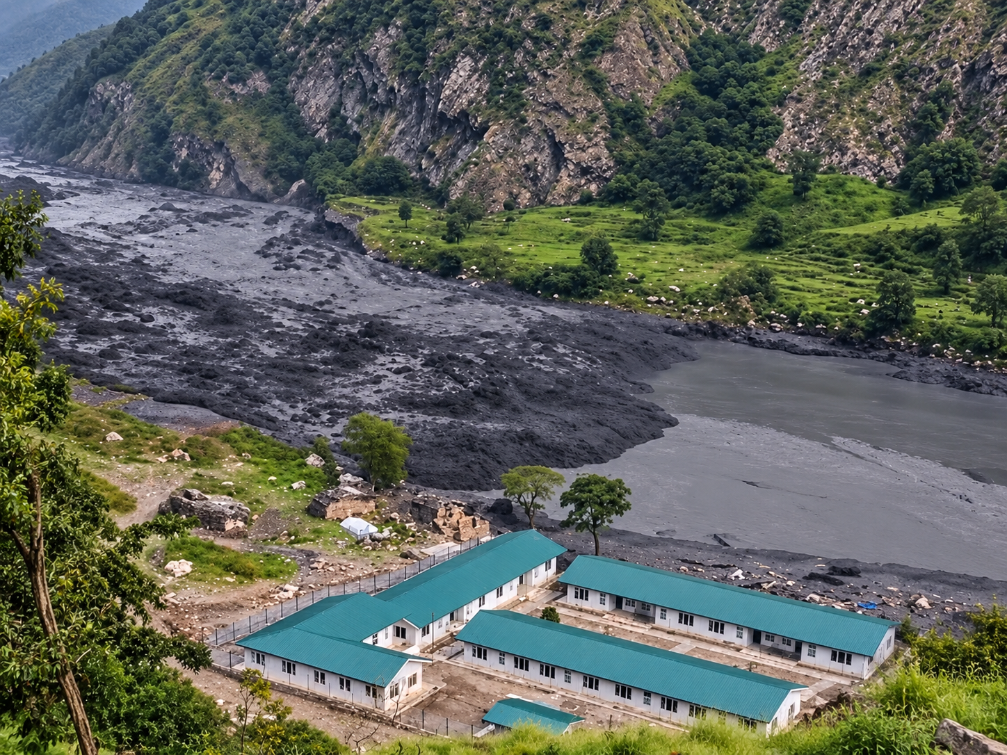 Vertical social-media screenshot showing a debris-laden river below steep hillsides and buildings in the Manaslu region.