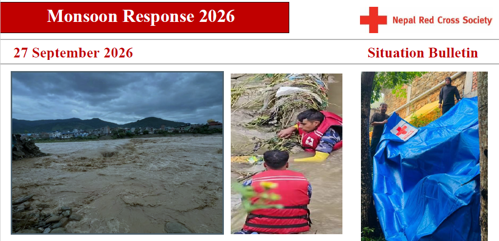 Nepal Red Cross Society bulletin image showing swollen floodwater, a Red Cross responder assisting in water, and a family installing a blue emergency shelter tarp.