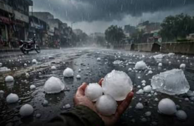 Large hailstones on a rain-soaked street during a storm.