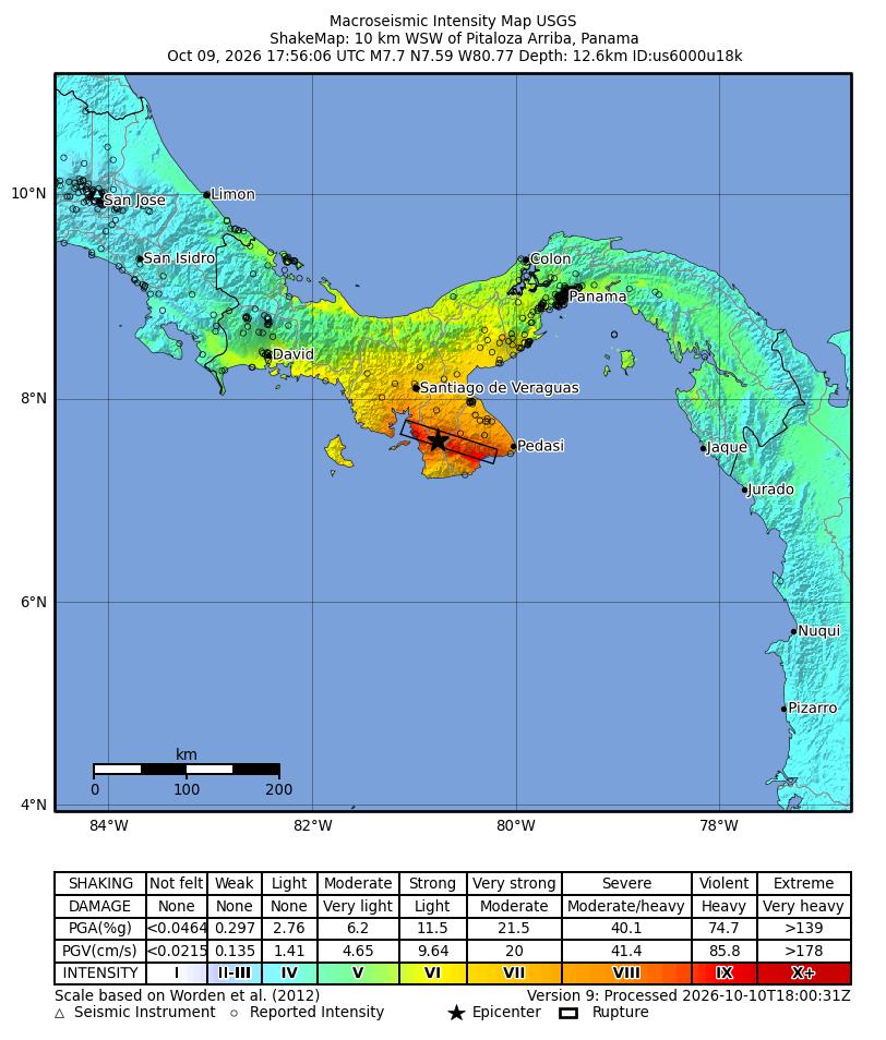 USGS estimated shaking-intensity map for the magnitude 7.7 earthquake in Panama on 9 October 2026
