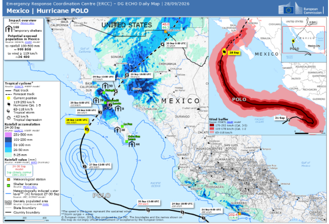 European Commission ERCC daily map for Hurricane Polo in Mexico on 28 September 2026, showing forecast track, rainfall, wind buffer and impact overview.