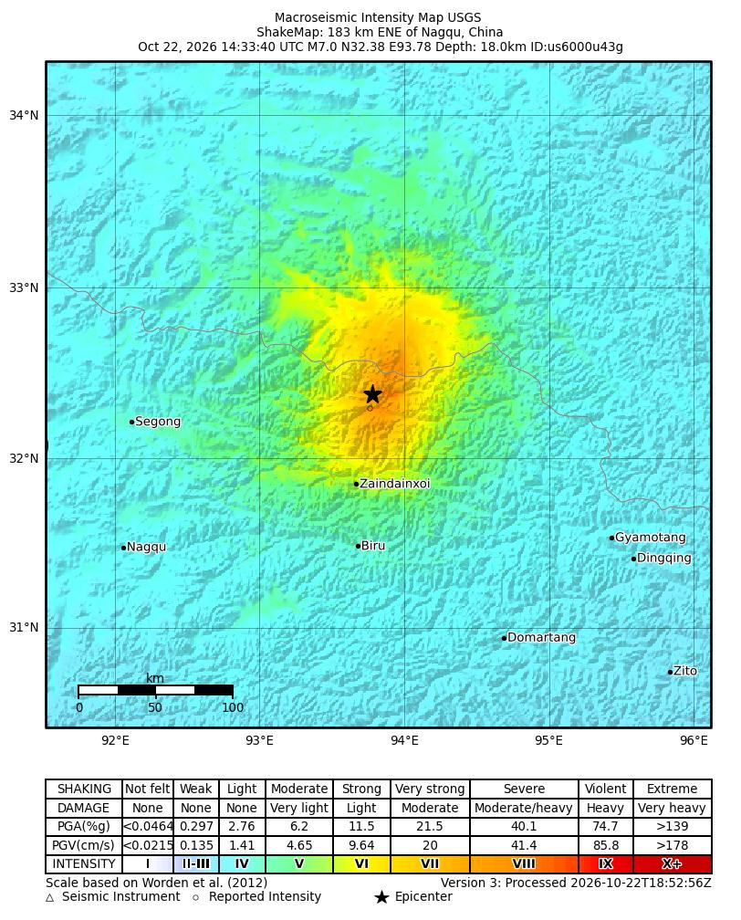 USGS estimated shaking-intensity map for the magnitude 7.0 earthquake near Nagqu, China, on 22 October 2026